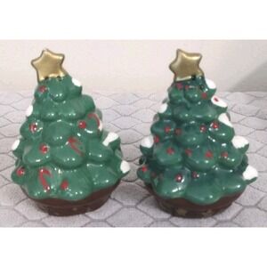 Christmas Tree‎ Salt & Pepper Shakers Green With Gold Star Red Ornaments Snow